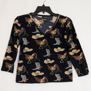 RAAKHEE Black/Brown Knit Short Pullover Top; Western Cowgirl Bling; Size S